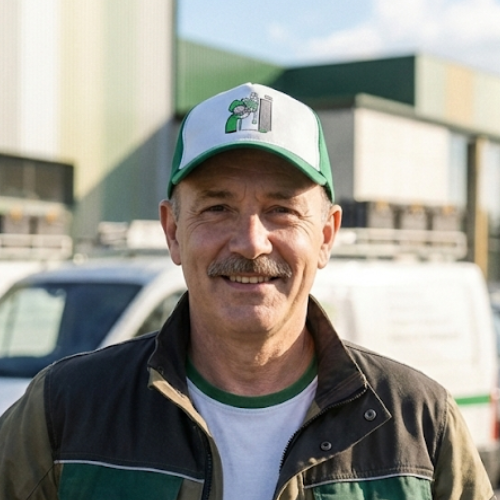 Photo de chauffagiste devant entrepot